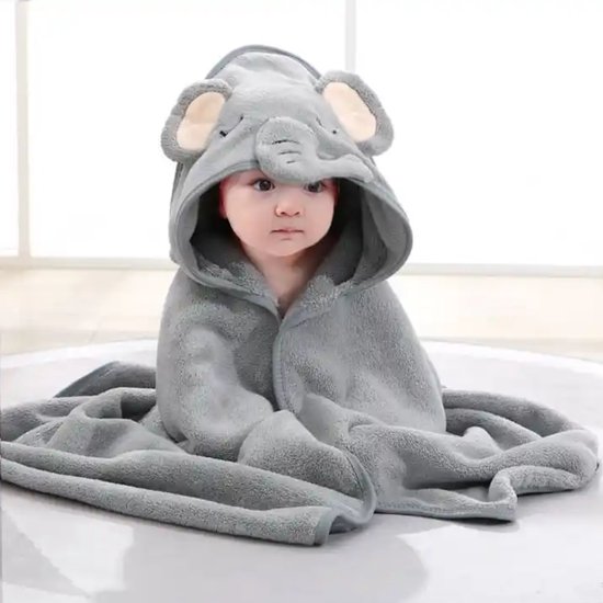 Fleece Badcape met Capuchon - 80x80 cm - Grijs - Dier - Baby - Kraamcadeau - Babycape van Jollein