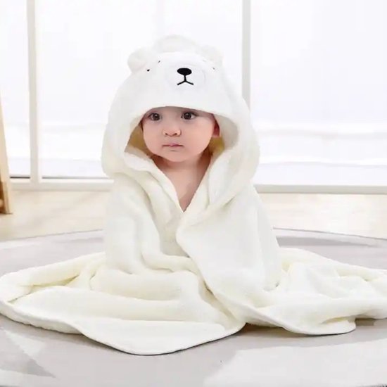 Fleece Badcape met Capuchon - 80x80 cm - Wit - Dier - Baby - Kraamcadeau - Babycape van Sunnybaby
