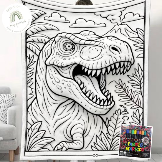 Fleece deken Dino - DIY Kleurdeken Dino - Deken om zelf in te kleuren - met textiel stiften - kinderdeken - cadeau tip