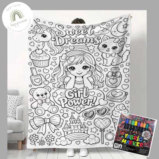 Fleece deken girls - meisje power - DIY XXL Kleurdeken – Fleece deken om zelf in te kleuren - DIY fleece girl power - met textielstiften - cadeau tip