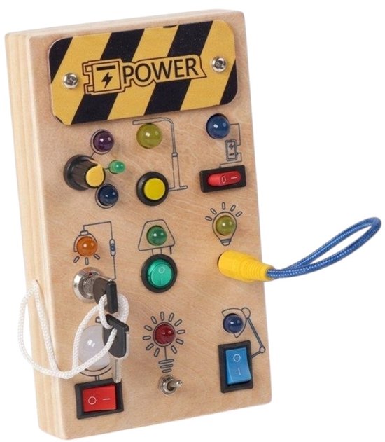 Flero Busy Board, Activity Center, Houten Activiteitenbord - Sensorisch Speelpaneel met LED Verlichting, Schakelaars, Knoppen en Sleutel - Montessori Speelgoed voor Peuters en Kleuters - Cadeau