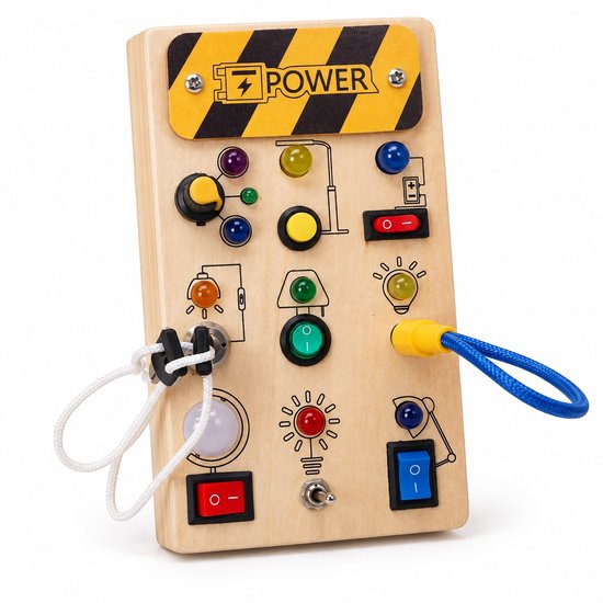 Flero Busy Board, Activity Center, Houten Activiteitenbord - Sensorisch Speelpaneel met LED Verlichting, Schakelaars, Knoppen en Sleutel - Montessori Speelgoed voor Peuters en Kleuters - Educatief Montessori Speelgoed, Houten Speelgoed