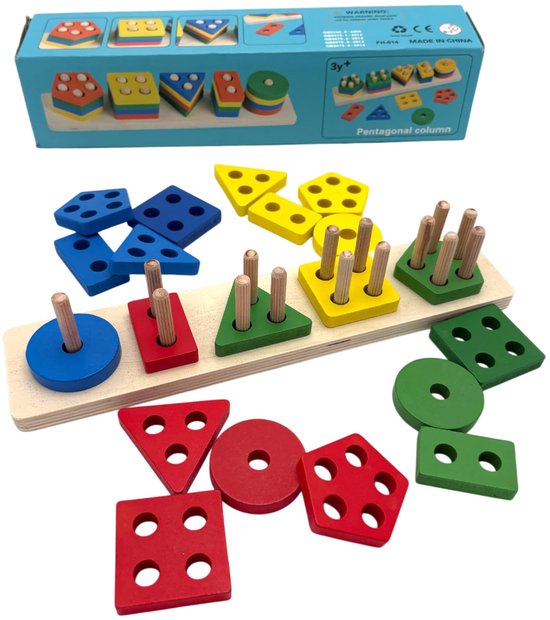 Flero Houten Sorteerbord, Vormenstoof, Vormen Sorteerspeelgoed - Montessori Speelgoed met 5 Geometrische Vormen en Kleuren - Educatief Stapel- en Sorteerspel voor Peuters en Kleuters vanaf 3 Jaar - Fijne Motoriek, Leren Tellen, Cadeau