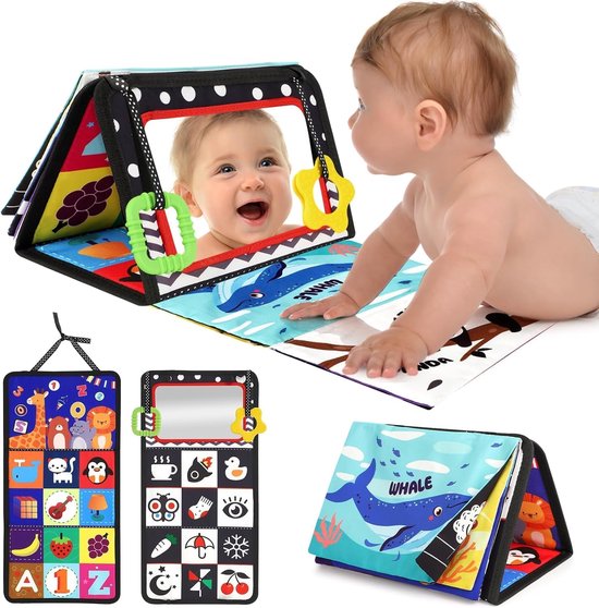 Flero Tummy Time Spiegelboek - Opvouwbaar Baby Speelgoed met Spiegel en Zwart-Wit Contrastkaarten - Sensorisch Montessori Speelgoed voor Babys - Educatief Montessori Speelgoed, Speelgoed zonder Scherm, Verjaardagscadeau, Sinterklaascadeau van Flero