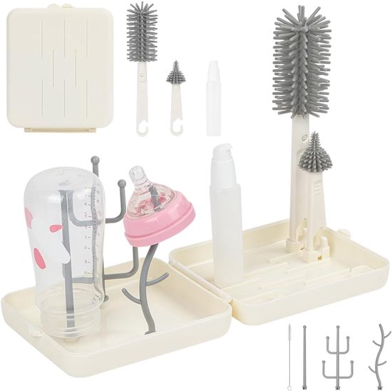 Fles Borstel Set - Reis Set - Fles Reinigen - Inclusief Droogrek - 19 x 16 x 5 cm - Wit