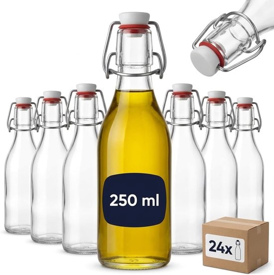 Flessen 250 ml rond met beugelsluiting (0,25 l) – lege flessen om zelf te vullen voor sap, siroop, olie, azijn, likeur en dressings, helder glas (BFR250)