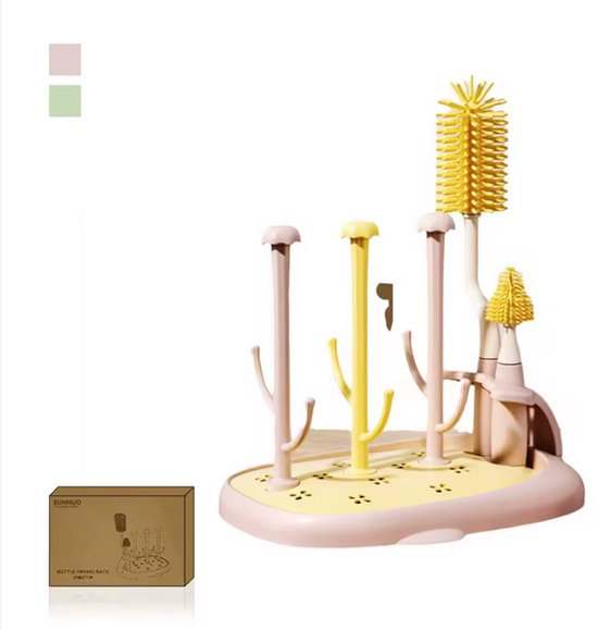 Flessen Droogrek - Opvouwbaar - Twee Borstels - Baby Flessenrek - Afdruiprek - Rose/Geel - Babyfles van Merkloos