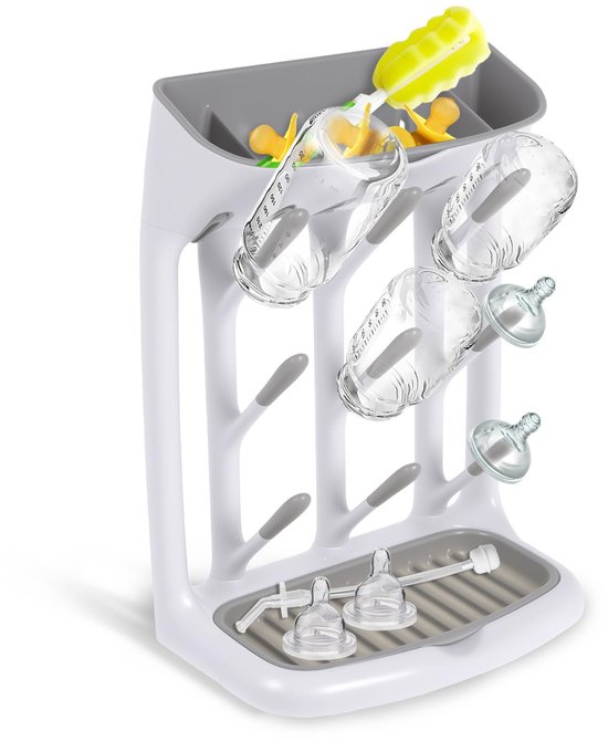 Flessen Droogrek voor Babyflessen en Spenen - Verticaal Afdruiprek met Accessoirevak en Lekbak - Ruimtebesparend Ontwerp - Wit en Grijs