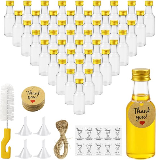 Flessen Om te Vullen, Mini Likeur Flesjes 25ml, Plastic Shotflessen om te Vullen met Schroefdop, Trechters, Label, Touwen, Borstel voor Bruiloften Partijen Gunsten