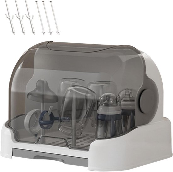 Flessen Opbergdoos - Droogrek Organizer - Babyvoeding Bereiden - Stofdicht Deksel - 26.2D x 28W x 26.2H cm - Grijs