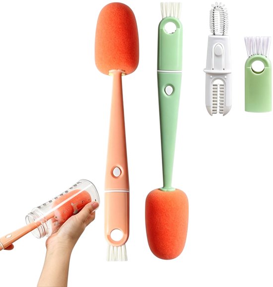 Flessenborstel 4-in-1 met Lange Steel – Komborstel –Multifunctionele Set met Sponsborstel, Siliconen U-vormige Borstel en Spleetreiniger – Afneembaar – 27 cm – 2 Stuks – Roze & Groen