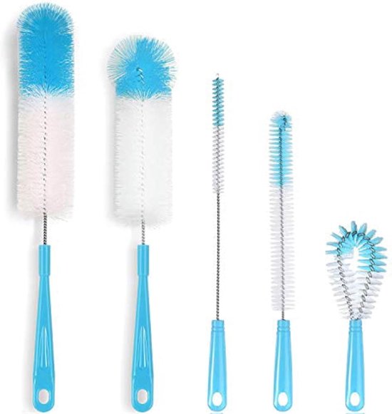 Flessenborstel - 5 Stuks - Flessenrager - Rietjes Borstel - Schoonmaakborstel - Flessenreiniger - Kras - voor alle oppervlakken - Flessenborstel Baby - Handig in gebruik en anti bacterieel - blauw van Merkloos