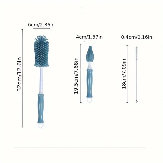 Flessenborstel Baby - 3-Delig - Flessenreiniger - BPA vrij - Siliconen Flesvoedingsaccessoires - Blauw