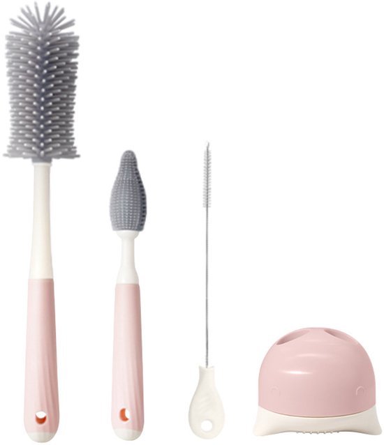 Flessenborstel Baby - 4-Delig - Flessenreiniger - Met vaste basis - BPA vrij - Siliconen Flesvoedingsaccessoires - Roze
