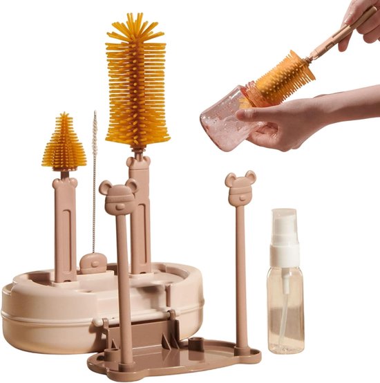 Flessenborstel Baby - Babyfles Schoonmaakset - Reisset - BPA vrij - Baby Flessenborstel - Siliconen - 7-in-1 - Flessenborstel - vaste basis - Geschikt voor Glazen, Theepotten, Buizen, Brooddozen En Spenen - Bruin