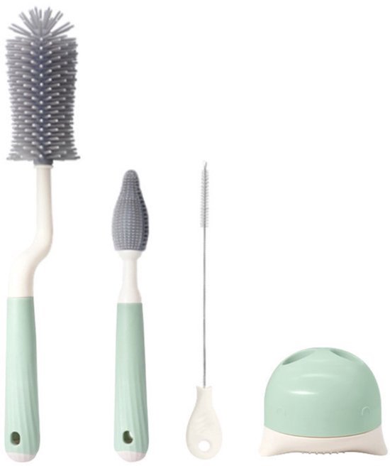 Flessenborstel Baby - Flessenreiniger - BPA vrij - Baby Flessenborstel - Siliconen- 4-Delig - 4-in-1 -Flessenlikker vaatwasserbestendig - vaste basis