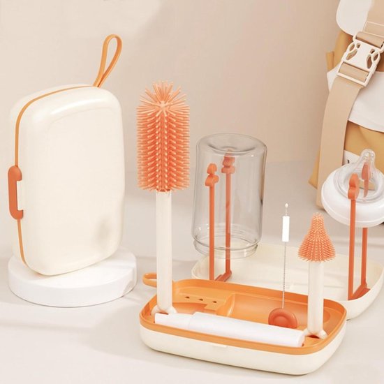 Flessenborstel Baby Reis Borstels voor het Schoonmaken 6 in 1 - Draagbare Siliconen Flessenborstel Tepel Reiniger Borstel - Rietjesborstel Zeepverdeler en Fles Droogrek - Beige Flessenborstel Baby van SAYINFANT