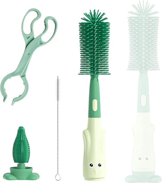 Flessenborstel Baby Set van 4 siliconen reinigingsborstels - fopspeenborstel - rietborstel - flessentang - herbruikbaar - geschikt voor alle soorten flessen en kopjes Flessenborstel Baby van EchtBaby