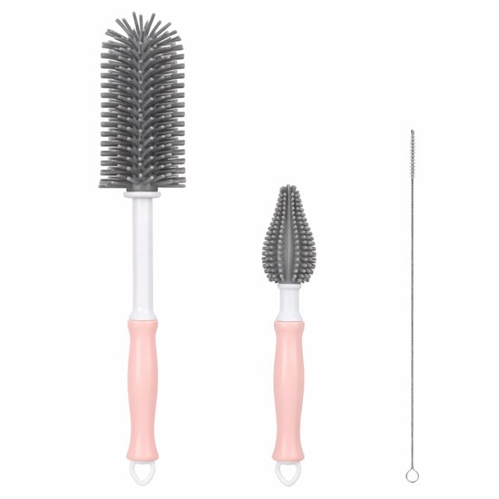 Flessenborstel Baby Siliconen – 3-delige Set – Roze – Flessenreiniger / Fles Borstel – Babyflessen & Zuigflessen – BPA-vrij - Flesvoedingsaccessoires