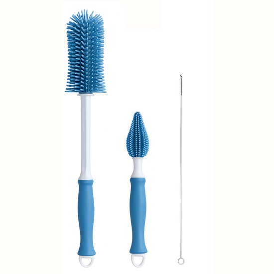 Flessenborstel Baby Siliconen – 3-delige Set – Vaatwasserbestendig – Blauw – Flessenreiniger / Fles Borstel – Babyflessen & Zuigflessen – BPA-vrij - Flesvoedingsaccessoires van Merkloos