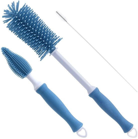 Flessenborstel - Babyfles Reinigingsborstel - BPA vrij - Siliconen Flesvoeding Accessoires - Hangende draagbare reinigingsset voor bekerborstels -3-Delig - Blauw