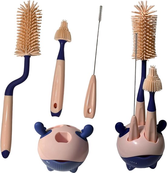 Flessenborstel - Babyflessen reinigingsborstel - 3-in-1 borstel van siliconen en kunststof - Soft Brush - Zuigborstel - Rietjesreiniger - Opberghouder - Elk flesvorm van Cangaroo