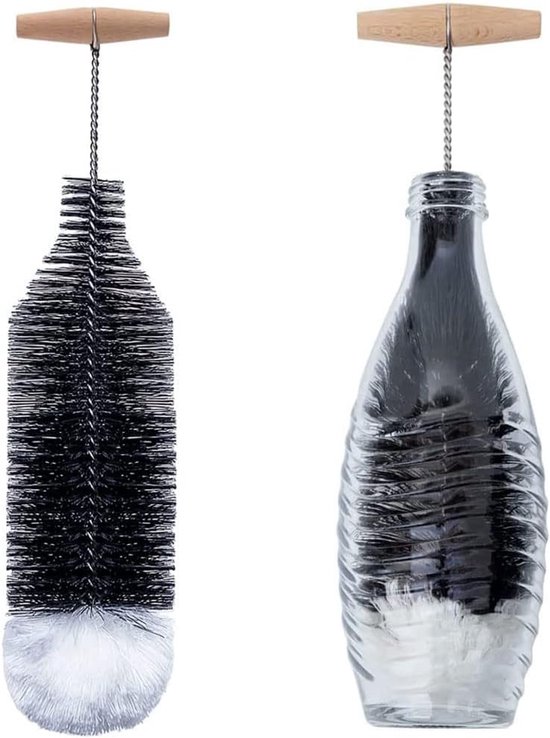 Flessenborstel met 90° Houten Handgreep – 34*9 cm – Nylon – Krasvrij & Duurzaam – Voor Glazen Flessen & Karaffen-1 stuk van Merkloos