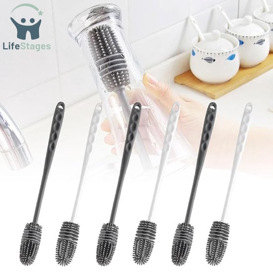 Flessenborstel met Lange Steel - 6 Stuks Siliconen Glazen Borstel Gootsteenflessenborstel Siliconen Glazen Borstel Flessenborstel Keukenborstel Afwasborstel voor Karaffen en Thermosflessen met Smalle Opening van Luxano