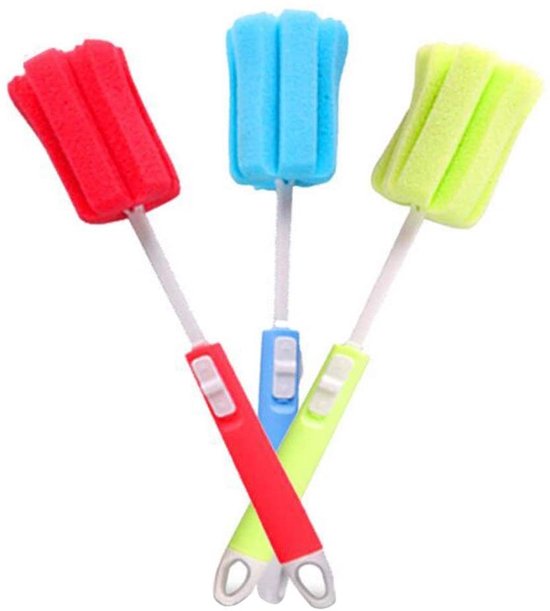 Flessenborstel met spons, 6-pack schuimsponsreinigingsborstels, verstelbaar voor flessen, wijn, karaf, thermoskan, wijn (rood, blauw, groen) van Merkloos