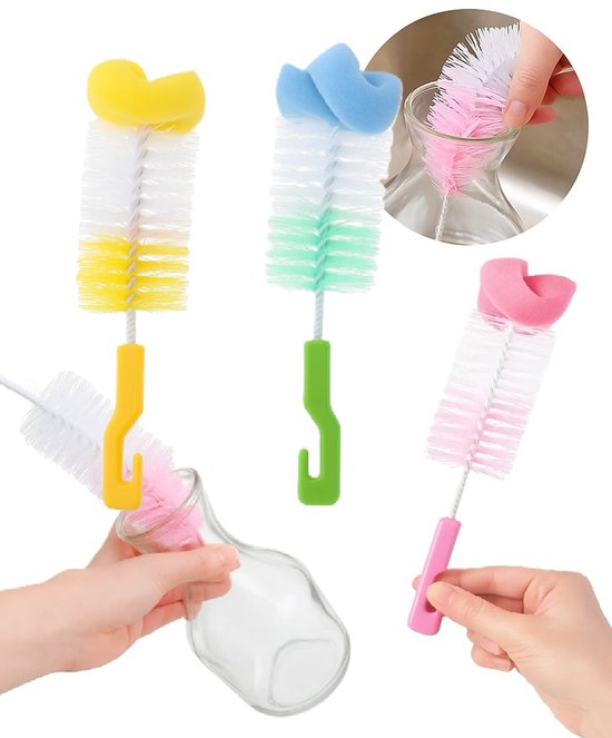 Flessenborstel Set - 2 Stuks - Fles Afwasborstel met Sponspunt - Babyflesborstel / Drinkflesborstel / Glazenborstel - Flexibel & Krasvrij - 15 cm - Kleur Assorti van Schoon Ultimator