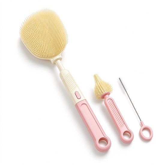 Flessenborstel Set 3-delig - Siliconen - BPA-vrij - Babyflessen - Speenborstel - Rietjesborstel - Roze