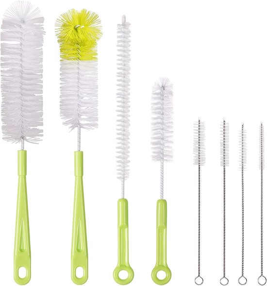 Flessenborstel Set 8-delig - Dieptereiniging zonder krassen - Nylon borstels & RVS handgrepen - Voor flessen, rietjes en glazen - Multifunctionele reinigingsborstel set - bottle brush set