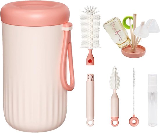 Flessenborstel Set met Droogrek en Snel Droogfunctie - Perfect voor Flessen, Spenen en Rietjes, Handig voor Reizen, Roze