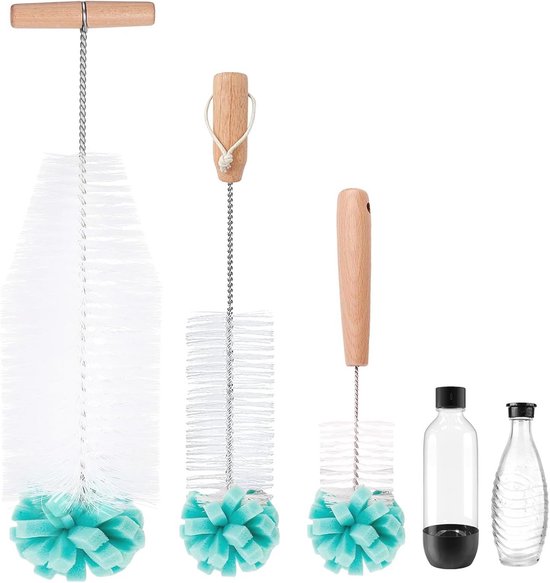 Flessenborstel Set voor Glazen en Kunststof Flessen - 3 Stuks, 32 cm Reinigingsborstel met Zachte Spons voor Baby- en Drinkflessen