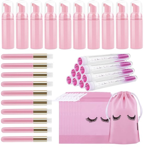 Flessenborstels set, inclusief 10 stuks wimperborstels, 10 stuks wimperborstel buizen, 10 stuks wimpershampoo schuimdispenser fles, 10 stuks wimper aftercare tasjes