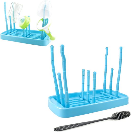 Flessendroger met afdruiprek voor babyflessen en kopjes - inclusief reinigingsborstel - blauw