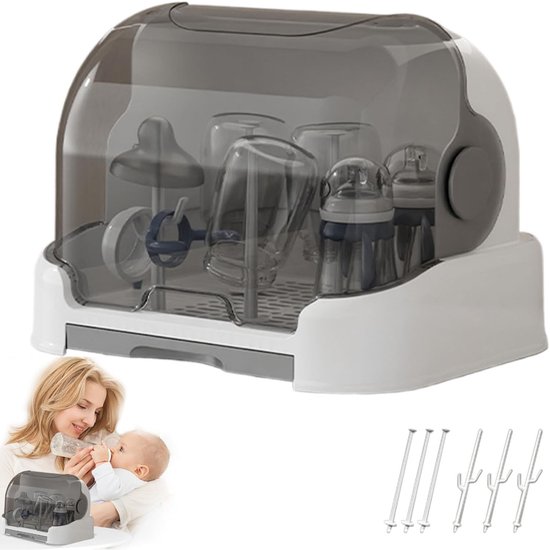 Flessendroger Organizer met Deksel – Babyfles Droogrek met Lekbak – Stofdichte Opbergbox voor Babybestek en Flessen van Merkloos