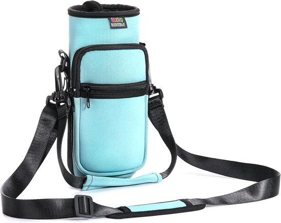 Flessenhouder van neopreen met schouderriem en verstelbare handriem, ideaal voor reizen, wandelen en kamperen, Dusty Blauw, L, multifunctionele tas met 2 vakken
