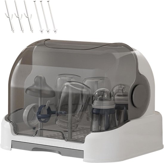 Flessenorganizer Baby - Babyfles Houder - Hygiënisch Opbergen - Stofdichte Deksel - 26 cm Hoog - Grijs