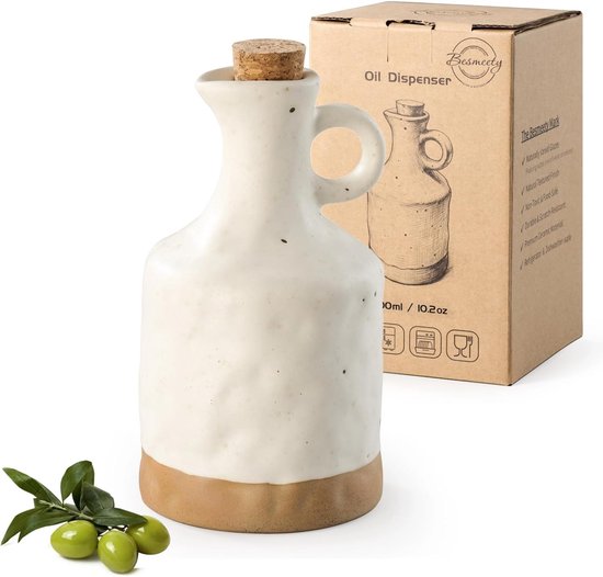 Flessenset, 300 ml oliefles met schenktuit, keramiek, azijn olie-flessen, olijfolie fles (wit)