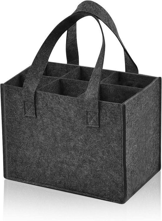 Flessentas voor 6 Flessen, Handtas voor Mannen, Ideaal voor Bier en Wijn, 25 x 18 x 16 cm, Zwart, Duurzaam Vilt met 6 Compartimenten