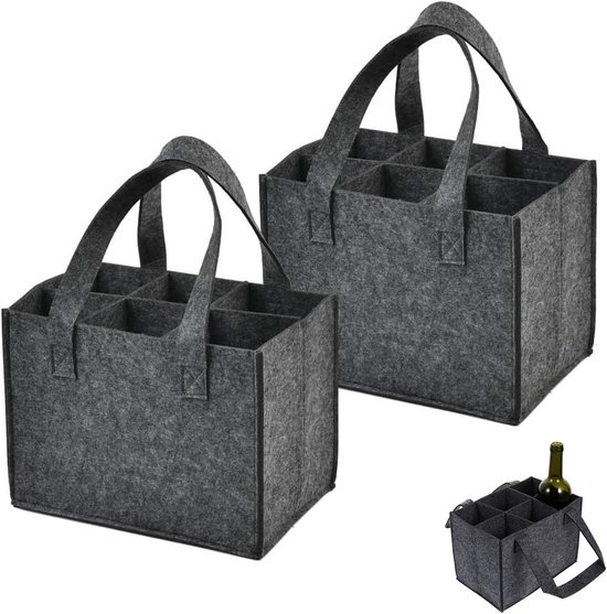 Flessentas voor 6 Flessen, Set van 2, Gevoerde Flessenmand, Ideaal voor Feestjes, Reizen en Picknicks, Grijs, Handige Draagtas voor Dranken
