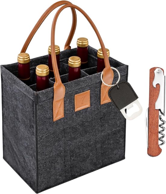 Flessentas voor 6 flessen van 1,5 liter, vilten flessendrager voor water, wijn en bier, inclusief kurkentrekker en handige opslag (donkergrijs)