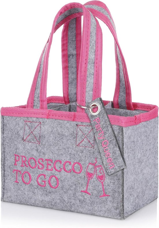 Flessentas voor Prosecco - Tas voor 6 Flessen met Draaglussen - Grijs met Roze Opdruk