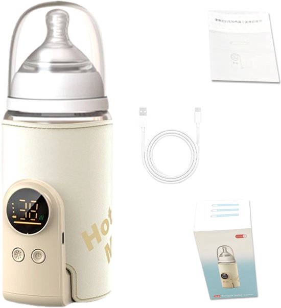 Flessenwarmer – Draagbare flessenwarmer - Ingebouwde 8000 mAh batterij – 6 temperatuurinstellingen - Snel opwarmen - Temperatuurregeling voor de fles - Flessenbeschermer - Handig voor borstvoeding onderweg - Type-C oplaadkabel - Gebroken wit