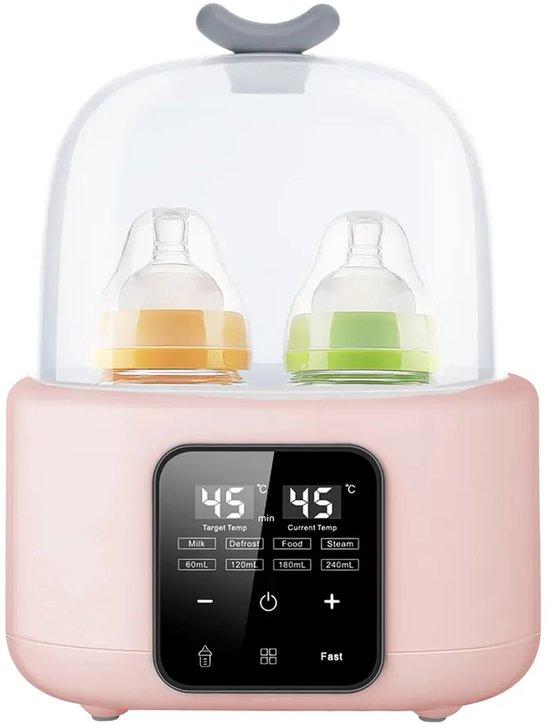 Flessenwarmer/sterilisator met timer, instelbare temperatuur en led-display; kan babyvoeding verwarmen en twee flessen tegelijk steriliseren (roze).