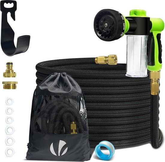 Flexibele tuinslang 15 m, flexibele waterslang, rekbaar met 8 sproeifuncties, wasmiddelcontainer, sneladapters en muurbeugel, zwart van Flex