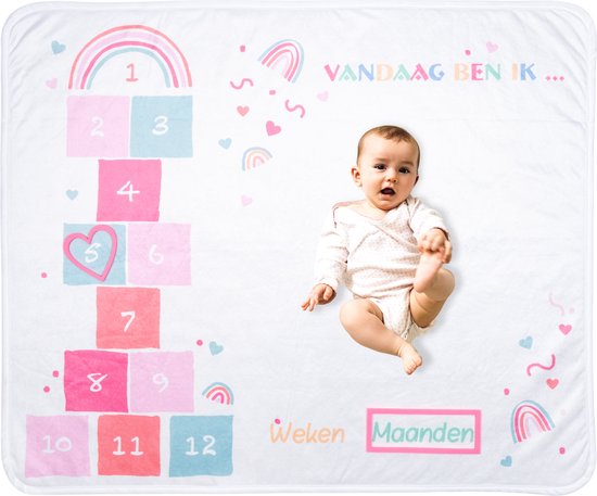Flouer Mijlpaaldeken Hinkelbaan - Milestone deken - Kraamcadeau meisje - Mijlpaaldeken baby - Babyshower meisje - Cadeau baby meisje - Kraamcadeautjes - Mijlpaal deken - Milestone blanket - Babyshower cadeau van FLO