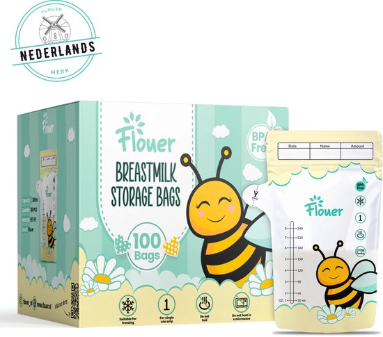 Flouer Moedermelk Bewaarzakjes met Schenktuit - Extra Groot - 240 ml - 100 Stuks - Borstvoeding Bewaarzakje - Babyvoeding Bewaarbakjes - Borstvoeding Zakjes