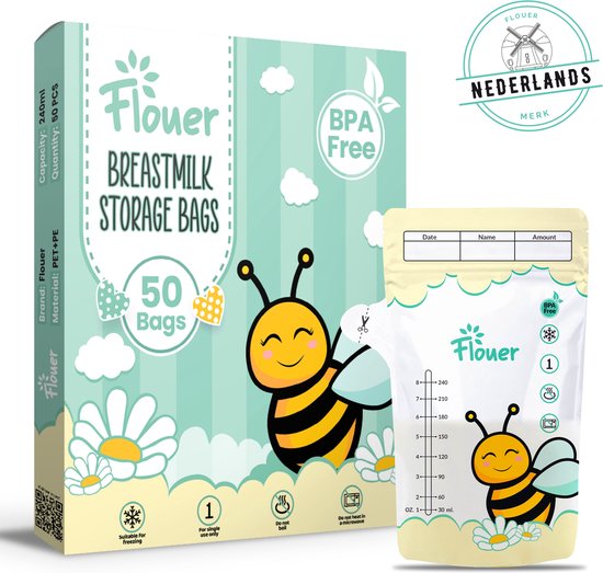 Flouer Moedermelk Bewaarzakjes met Schenktuit - Extra Groot - 240 ml - 50 Stuks - Borstvoeding Bewaarzakje - Babyvoeding Bewaarbakjes - Borstvoeding Zakjes van Flouer